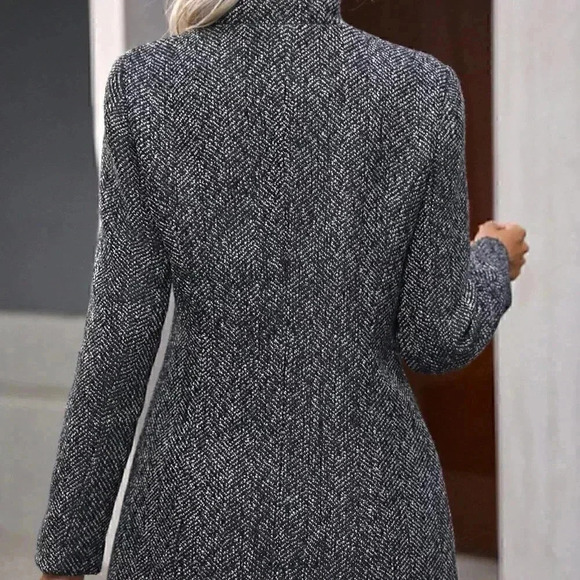 Womens Black Plaid Pattern Flap Pocket Drop Shoulder Belted Tweed Overcoat - Picture 3 of 5